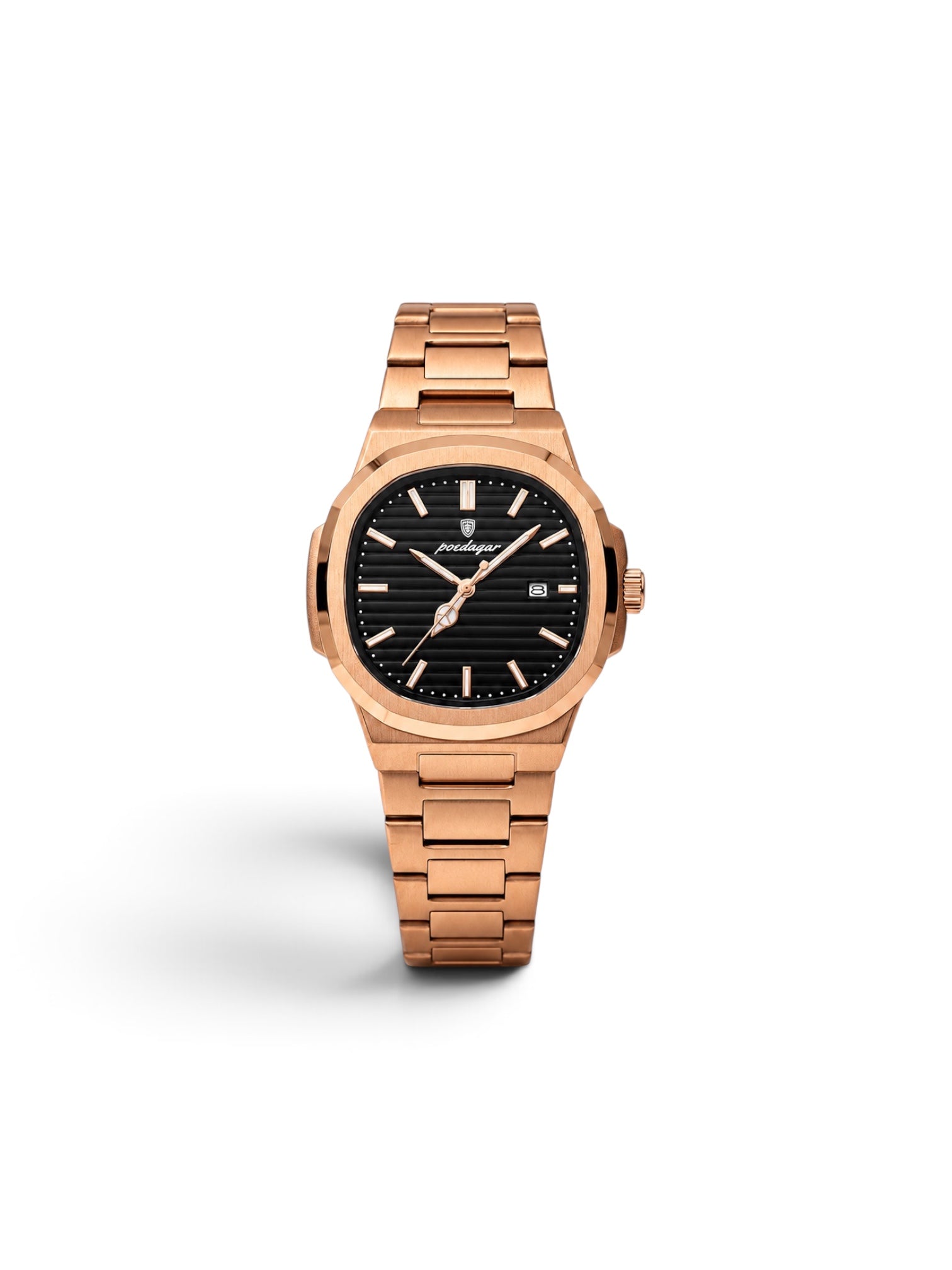 Reloj analógico Tecnoshop con correa de eslabones en oro rosa y esfera negra texturizada con ventana de fecha.
